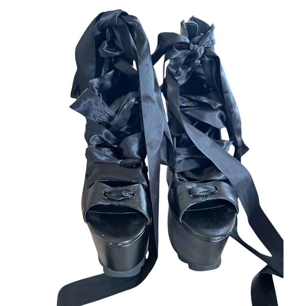 YRU Dolls Kill Ballet Bae Black Lace Up Gladiator Platform Heels Whimsygoth Punk - Picture 4 of 11